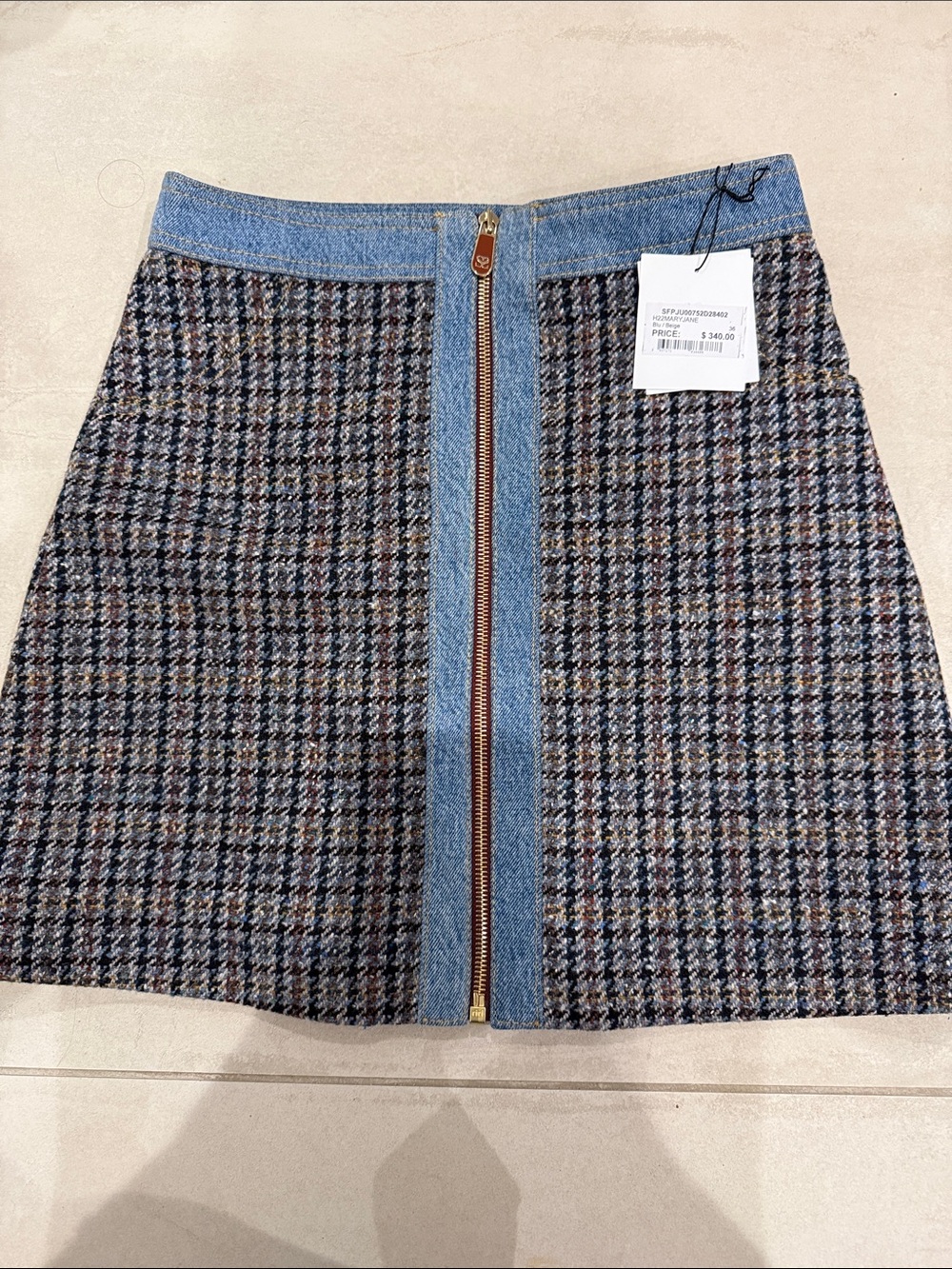 Houndstooth Mini Skirt with Denim Trim - Blue/Gray